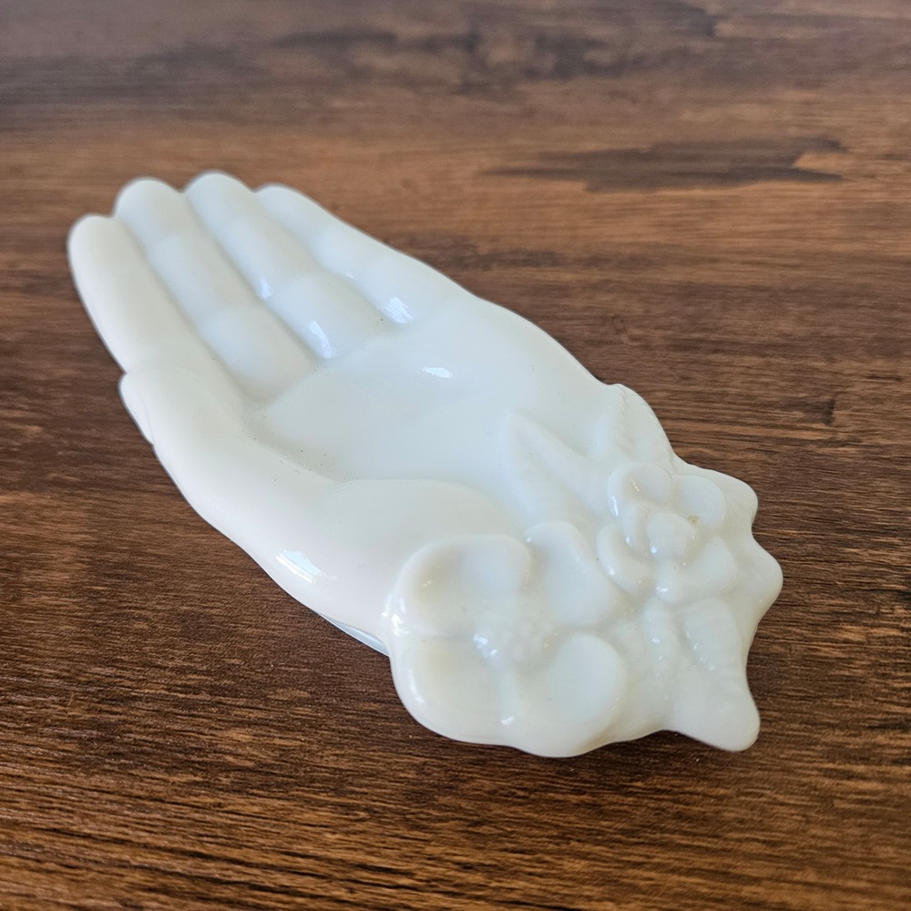Vintage Avon White Milk Glass Hand Trinket Dish Floral Jewelry Ring Tray Decor